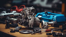 Auto Repair, Car Engine Repair, Spare Parts Are Laid Out On The Table. Maintenance Of Diesel And Gasoline Equipment, Service Center
