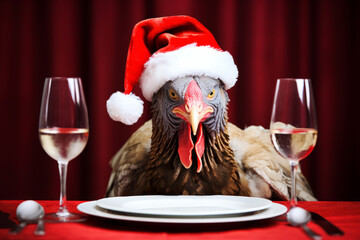 Wall Mural - A christmas turkey wearing a santa hat sat at a festive table with an empty plate