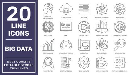 Big Data and Analytics icon set. Big data analysis technology symbol. Containing database, statistics, analytics, server, monitoring, computing and network icons. Editable Stroke. EPS 10