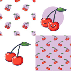 Wall Mural - Set of Cute Kawaii Cherry patterns. Food fruit flat icon. Cartoon Cherry seamless pattern, doodle style. Vector hand drawn illustration. Patterns for kids clothes. Cherry patterns collection