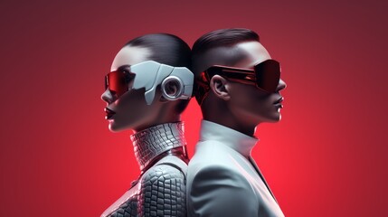 Wall Mural - two people wearing sunglasses on a red background, in the style of futuristic cyberpunk