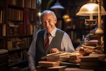 Classy Older Man, Flashing A Tender Smile, Amidst An Antique Bookshop.