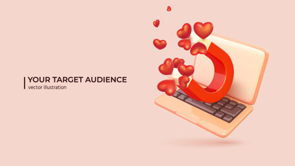 Poster - Magnets and Hearts icon that float out of laptop screen - 3D Concept. Attract customers and target audience on social networks. 3D Vector illustration in cartoon minimal style.