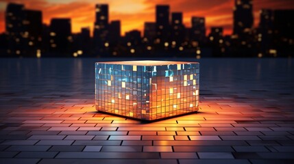 Sticker - Mosaic podium with an ethereal glow, tiles imbued with a soft luminescence in twilight shades.