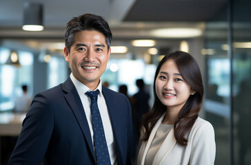 Two asian business people standing together in an office. A Asian business man.  A Asian business woman.