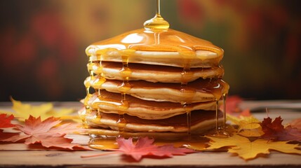 Wall Mural - stack of pancakes smothered in maple syrup, pancake breakfast, shiny beautiful drippy sweet delicious impressionist maple syrup