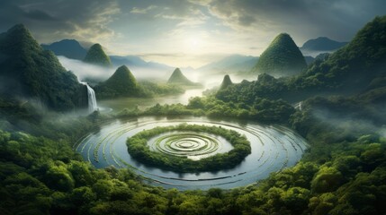 Wall Mural - circular hill made of grass with a raging river