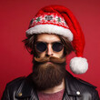 © Anna - hipster Santa Claus beard, mustache and xmas hat on red background. ai generative
