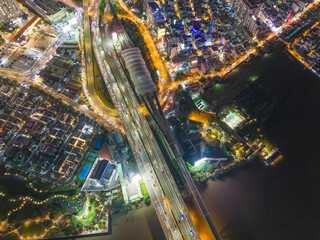 Aerial view of Ho Chi Minh City skyline and skyscrapers in center of heart business at Ho Chi Minh City downtown. Bridges and many buildings, local houses