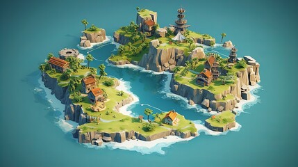 Isometric map of some tiny isles with houses on it in the carribean sea, video game concept art