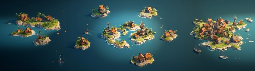 Isometric map of some tiny isles with houses on it in the carribean sea, video game concept art