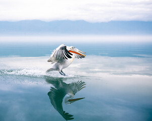 Wall Mural - pelican in flight over the water