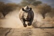 rhino running in the savannah