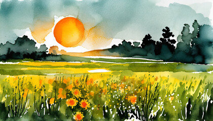 Canvas Print - ai generated ai generative watercolor ink drawing painting field meadow sun nature outdoor landscape background graphic art