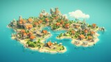 Fototapeta  - Isometric map of some tiny isles with houses on it in the carribean sea, video game concept art