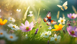 Fototapeta Do przedpokoju - beautiful spring summer background nature with blooming wildflowers wild flowers in grass and two butterflies soaring in nature in rays of sunlight close up spring summer natural landscape