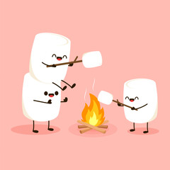 Wall Mural - Marshmallow character. Marshmallow piece on skewer roasting on forest bonfire. bonfire vector. Marshmallow cartoon vector. 