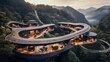 © medienvirus - In a national forest park, modern fashion style villa architecture, arc shape bird 's-eye view