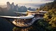 In a national forest park, modern fashion style villa architecture, arc shape bird 's-eye view