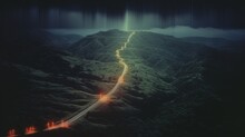 A Single Car Driving Away From The City Into The Hills At Night, Aerial Shot, Ethereal Glowing Light, 70s Film Photo, Grainy, Washed Out