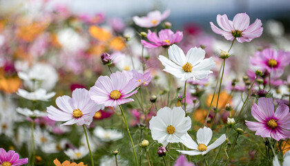 Wall Mural - beautiful field of colorful cosmos flower in a meadow in nature in the rays of sunlight in summer in the spring close up of a macro a picturesque colorful artistic image with a soft focus