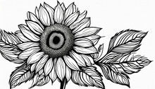 Black Outline Sunflower Line Art Isolated On White Background Hand Drawing Botanical Vector Illustration