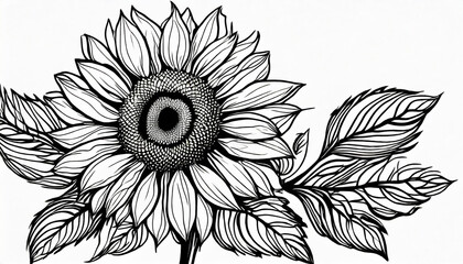 black outline sunflower line art isolated on white background hand drawing botanical vector illustration