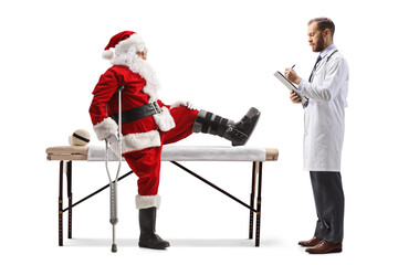 Wall Mural - Doctor writing and standing in front of Santa claus with an injured leg