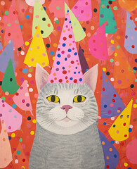 Naklejka na meble The Purr-fect Party: A Whimsical Painting of a Cat Celebrating with Cake and Confetti