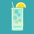 Mocktail with lemon. Cool drink with gin tonic and ice balls. Vector illustration with texture and noise in retro style. Elegant glass beverage with straw. Alcohol cocktail tropical. Glass design