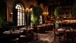 Realistic style photography of the interior of a restaurant with a very large buffet and open kitchen located in a medieval house.