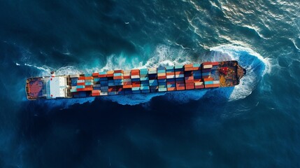 Wall Mural - a container ship is floating on the water next to the shore, in the style drone photography