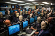 Robots with human faces working in office. Group of deepfakes on TV.