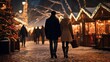 © ViktoGraphics - Happy couple walking on the Christmas market at night, a beautiful scene of a Christmas couple. Created using Generative AI technology.