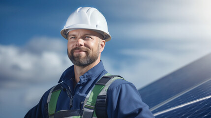 Wall Mural - Portrait of solar energy engineer. Green Job. Environmental work to improve the environment. Banner.