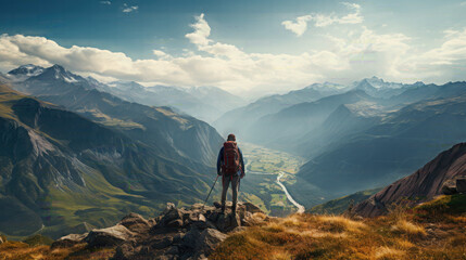 Wall Mural - Hiker at the summit of a mountain overlooking a stunning view.