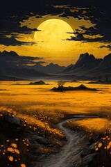 Canvas Print - a yellow field with mountains and a yellow moon