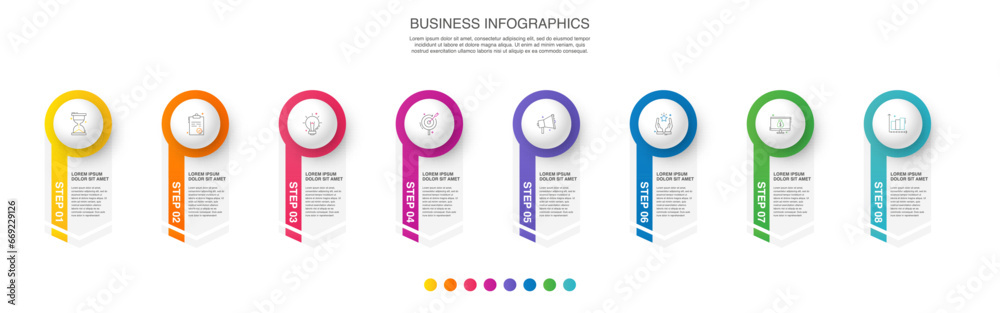 Vector business infographics template. Timeline with eight circle, icon ...