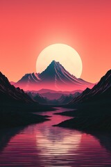 Poster - a river running through a valley with mountains and a large moon