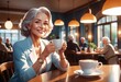 Portrait Senior white haired woman sitting at cafe table holding a coffee and milk glass, elderly lady in casual dress smiling positive. Elderly good looking woman drinking coffee