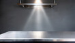 silver steel countertop empty shelf kitchen counter on gray background with spot light bar desk surface in foreground
