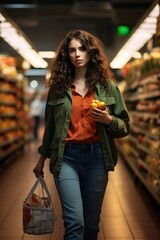 woman with a basket of food in the supermarket or grocery store