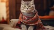 Cute cat wearing warm cozy clothes knitted sweater wallpaper background