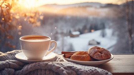 Winter country morning with cup of coffee tea food buns wallpaper background