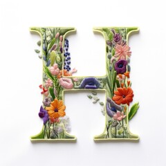 the letter h is decorated with flowers and leaves. embroidery effect, floral design.