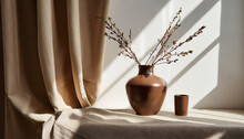 Aesthetic Home Interior Decoration Brown Vase With Branches On Table Empty White Wall Beige Linen Curtain With Sunlight Shadows Lifestyle Neutral Elegant Still Life