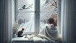 A girl and a cat watch a bird against the backdrop of a snowy landscape. Snow falls through the open window into the room