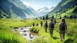 Sunny day in Alps, candid photo group of people hiking together in mountains, walking by river stream,  beautiful green fields and snow covered mountains