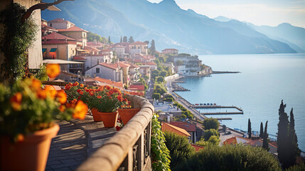 Poster - Amalfi coast look-like landscape, Italian town on the sea, terraced houses decorated with flowers. Mediterranean travel concept