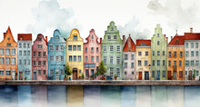 Beautiful European Periodic Town Houses On Canal Look-like Amsterdam. Front View Watercolour Illustration